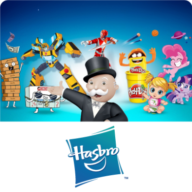 Logotipos ilustrados y animados de marcas de Hasbro como Play-Doh, Jenga, Nerf, My Little Pony y otras.